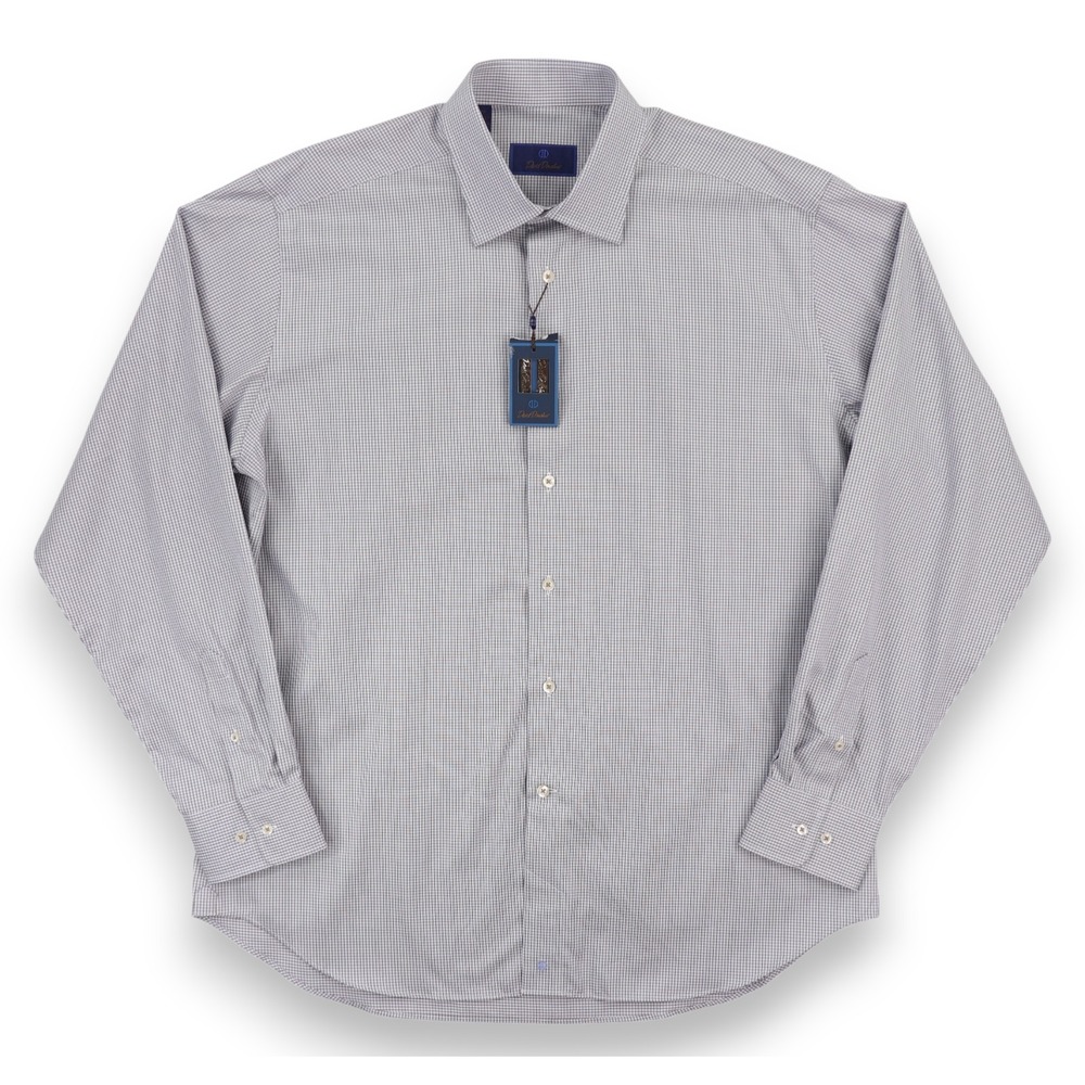 David Donahue Dress Shirt Mens 17 36/37 Blue Brown Plaid Cotton Long Sleeve NWT